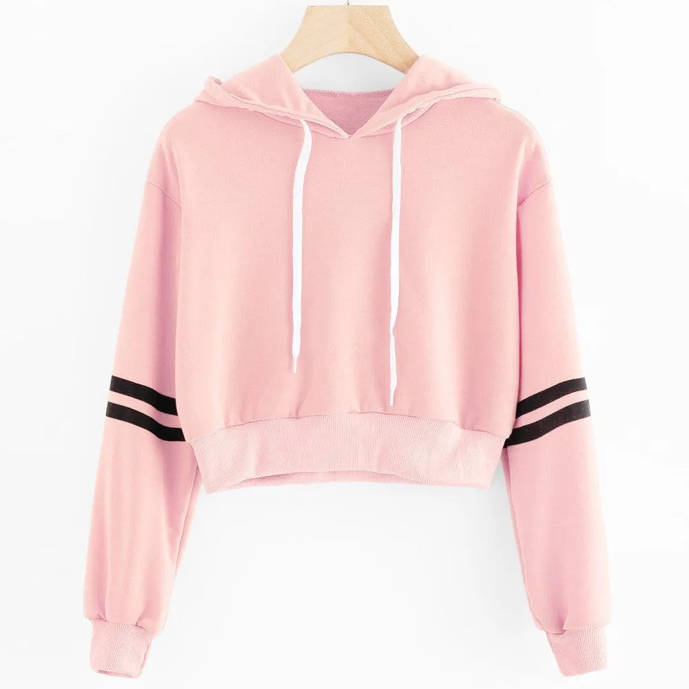 Striped printed long-sleeve cropped hooded sweatshirt Short T-shirt