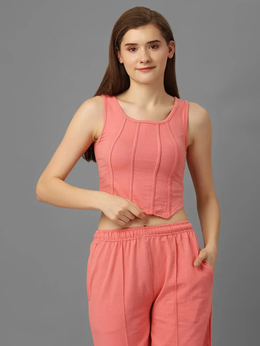 SXV Basic CO-ORDS set : Pink Corset Croptop And Trouser Combo