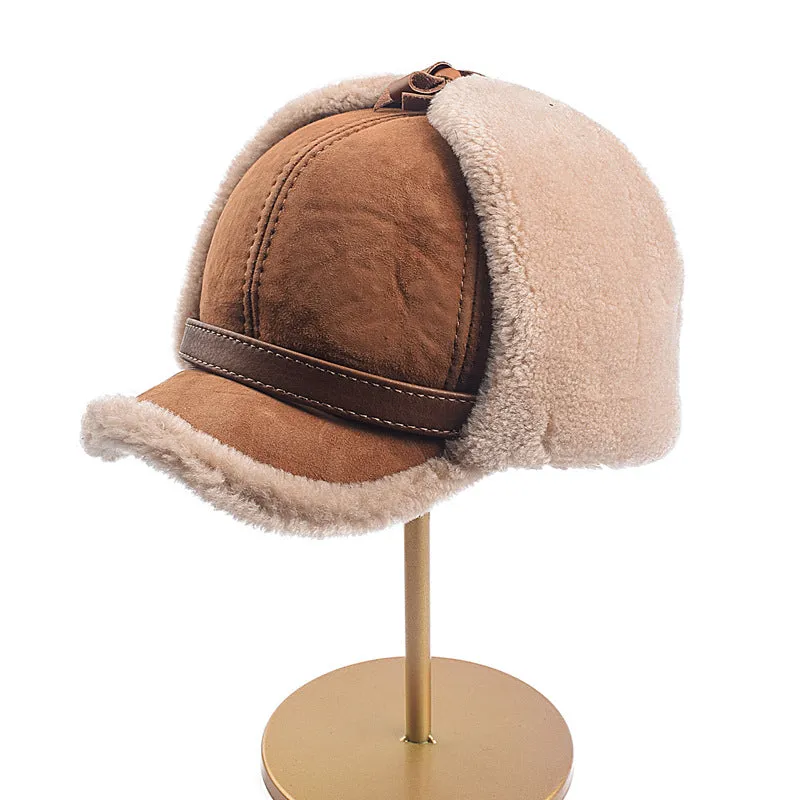 Thick fur one hat men and women winter leather sheepskin wool cap peaked cap