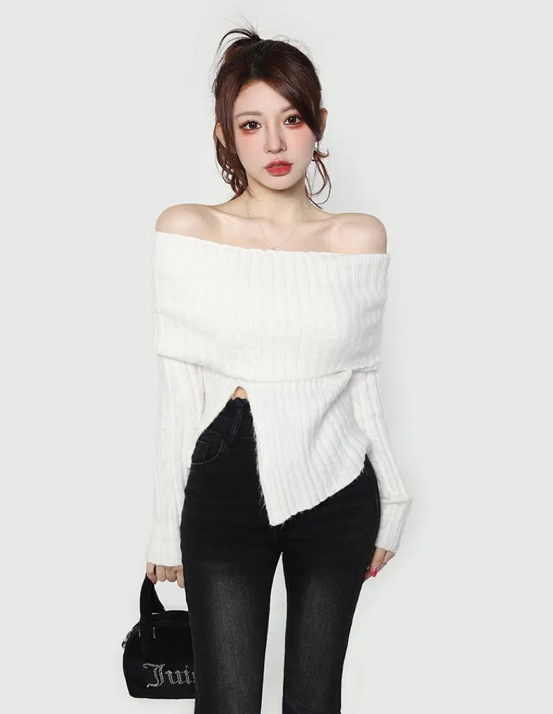 Tiara Solid Color Ribbed Off the Shoulder Side Slit Slim Top