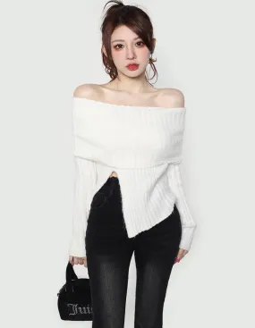 Tiara Solid Color Ribbed Off the Shoulder Side Slit Slim Top