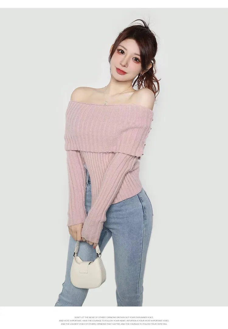 Tiara Solid Color Ribbed Off the Shoulder Side Slit Slim Top