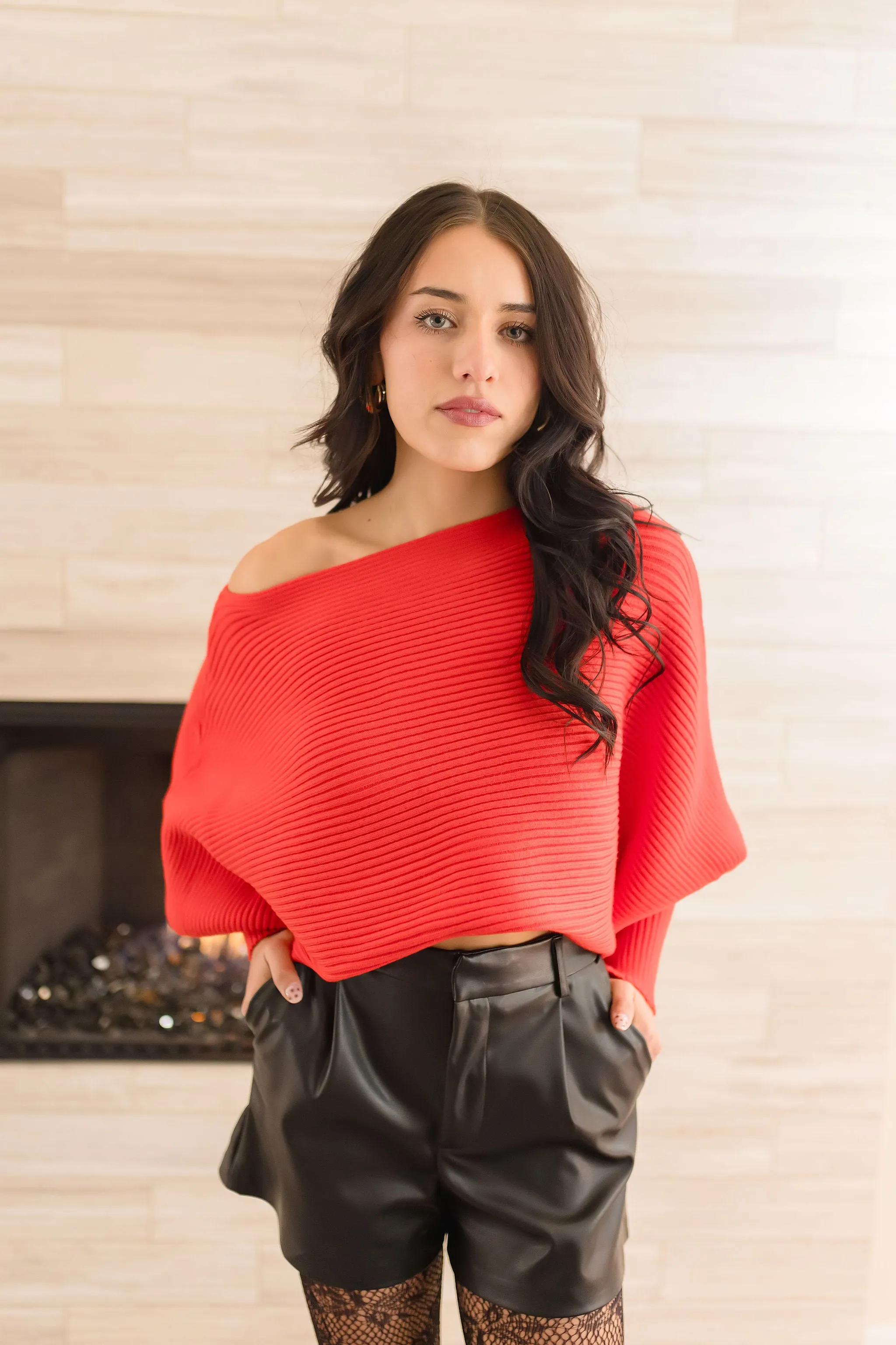 Tori Long Dolman Sleeve Ribbed Sweater Top Red