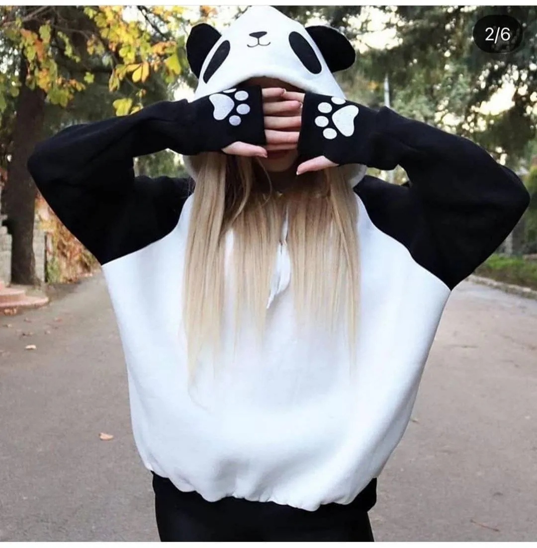 Turkish Cute Panda Hoodie Women Fashion Sweatshirt-Black & White