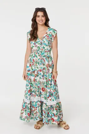 Vintage Boho Print Cap Sleeve Maxi Dress