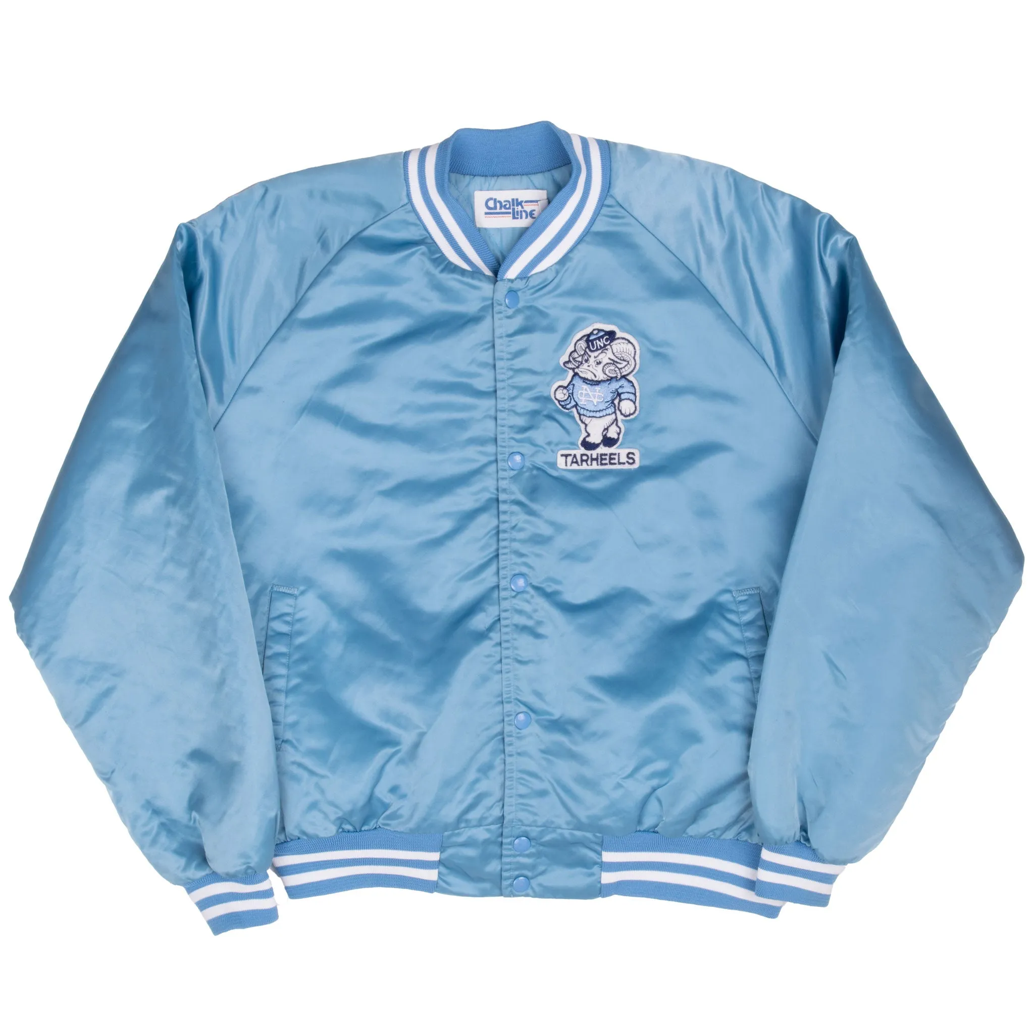 VINTAGE NCAA UNC TAR HEELS CAROLINA SATIN CHALK LINE BOMBER JACKET 1980S XL