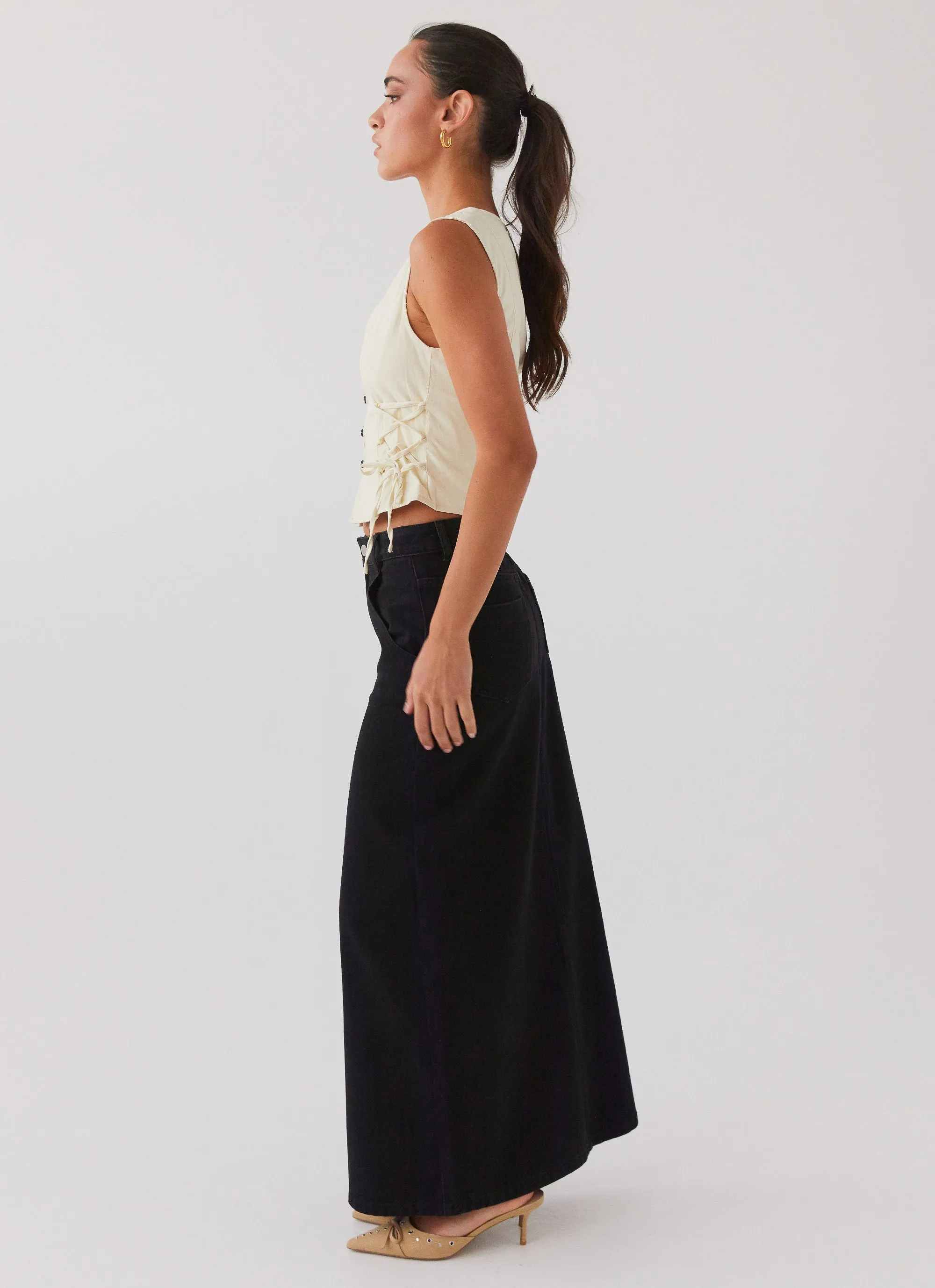 Walk This Way Denim Maxi Skirt - Black