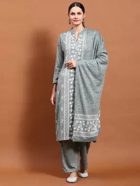 Winter Women Green Printed Kurta Bottom Dupatta