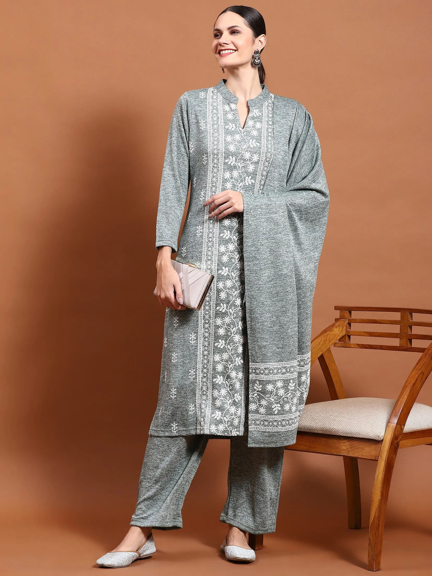 Winter Women Green Printed Kurta Bottom Dupatta