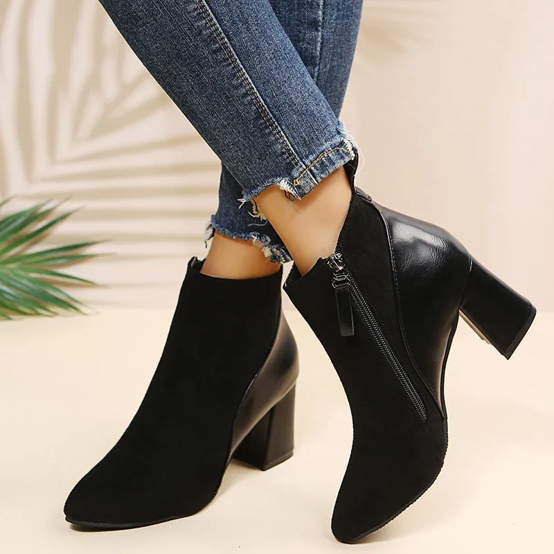 Women chunky heel pointed toe side zipper short boots