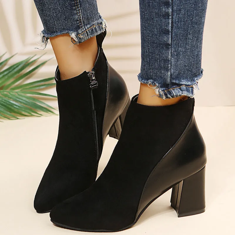 Women chunky heel pointed toe side zipper short boots