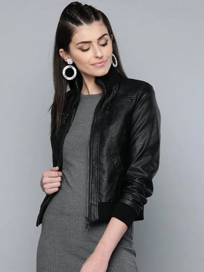 Women Classic Bomber Leather Jacket | QAWACH