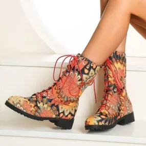 Women short chunky heel flowers embroidered lace up boots