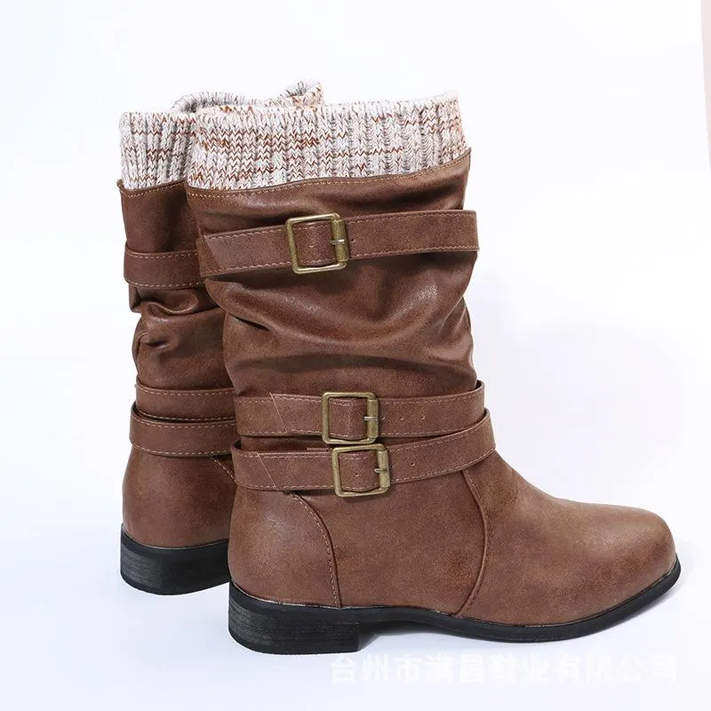 Women winter slip on chunky heel buckle straps mid calf boots