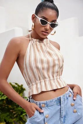 Women's Striped Frill Tie Back Crop Top