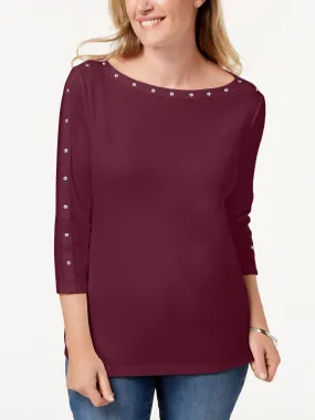 Women's Studded Boat-Neck Top,Burgundy